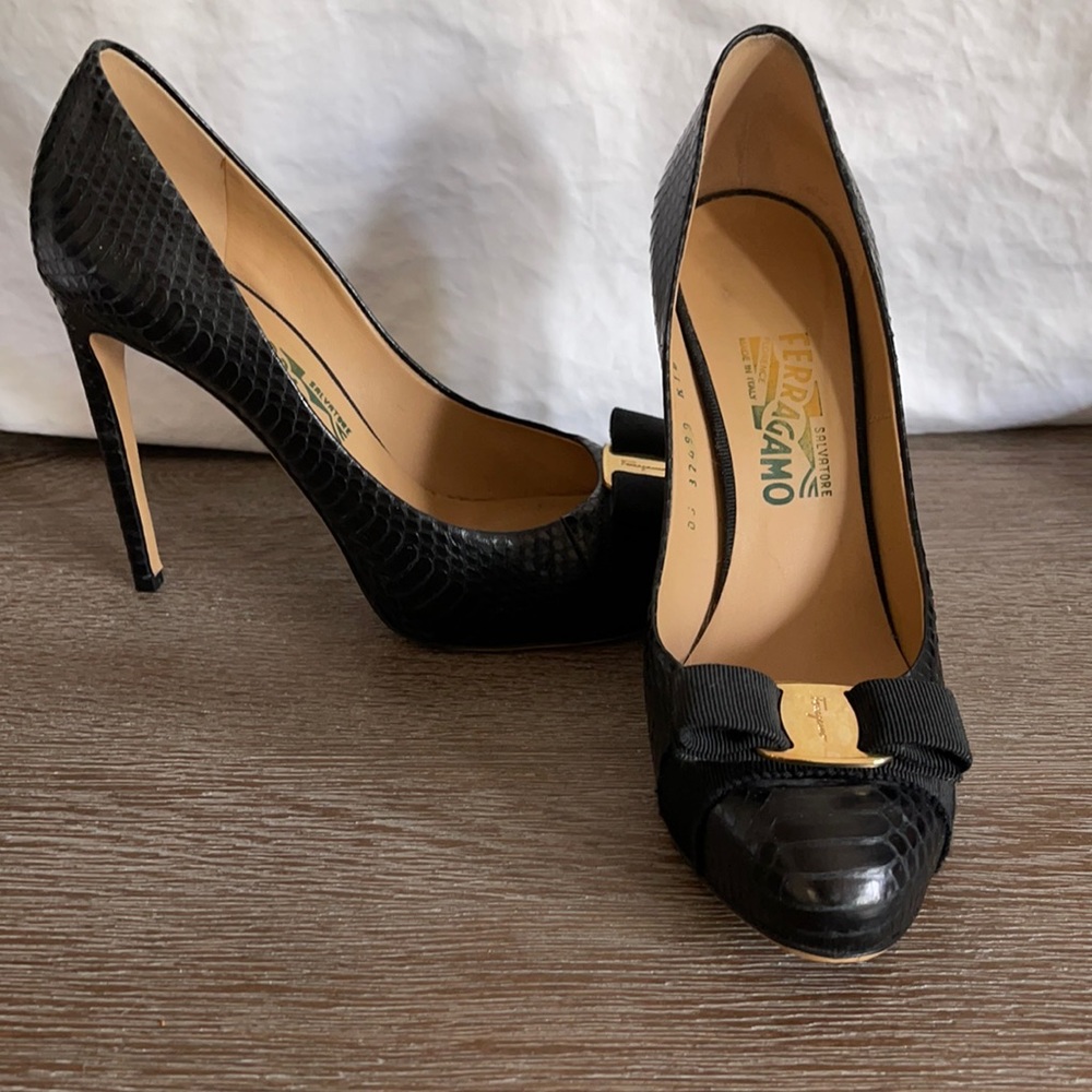 Black python platform heels